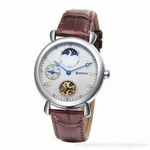 Men's Automatic Watch with Genuine Leather Band and White Moon Phase 20 Jewels